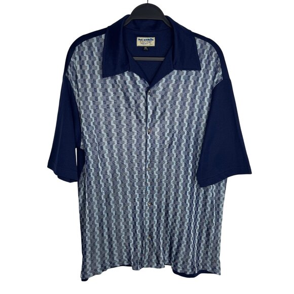 VTG bc ethic Lounge Mens XL Blue Geometric Bowling Shirt 3 Star Brand USA - Picture 1 of 9
